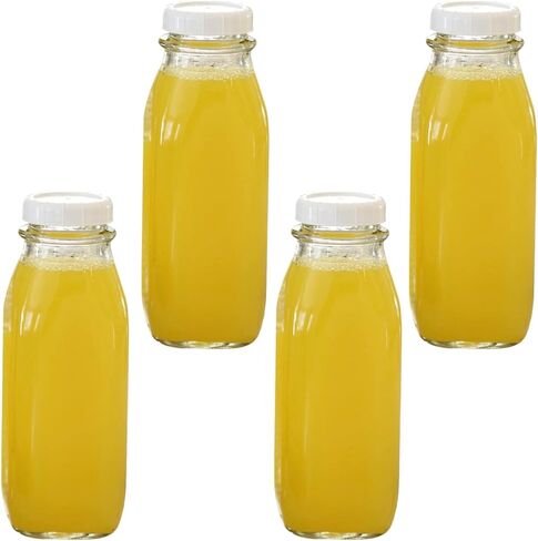 أباريق حليب زجاجية من جارتاستيكس سعة 16 أونصة مع أغطية (16 أونصة // 4 عبوات) - آمنة للاستخدام في غسالة الأطباق - زجاجات الحليب واللبن والعصير وصلصة الطماطم والمربى وصلصة الشواء in Kuwait