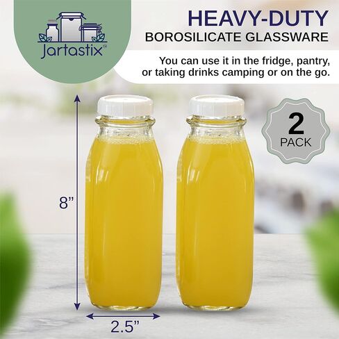 أباريق حليب زجاجية من جارتاستيكس سعة 16 أونصة مع أغطية (16 أونصة // 4 عبوات) - آمنة للاستخدام في غسالة الأطباق - زجاجات الحليب واللبن والعصير وصلصة الطماطم والمربى وصلصة الشواء in Kuwait