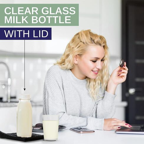 أباريق حليب زجاجية من جارتاستيكس سعة 16 أونصة مع أغطية (16 أونصة // 4 عبوات) - آمنة للاستخدام في غسالة الأطباق - زجاجات الحليب واللبن والعصير وصلصة الطماطم والمربى وصلصة الشواء in Kuwait