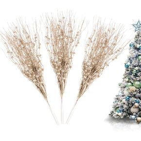 Vitalili 18 Pack Artificial Glitter Berry Stem Ornaments Decorative Christmas Picks Glittery Bead Sticks Branches for Christmas Tree Decor Home Decor (Champagne)