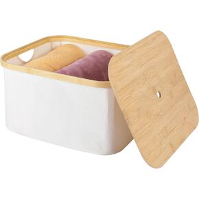 صندوق تخزين من أنميني مع غطاء من الخيزران قابل للإزالة ومقابض من القماش وصندوق سلة وغطاء قابل للتكديس وخزانة ورف مكعب وقابل للطي ومنظم للملابس والألعاب وحاوية غسيل - بيج، كبير in Kuwait