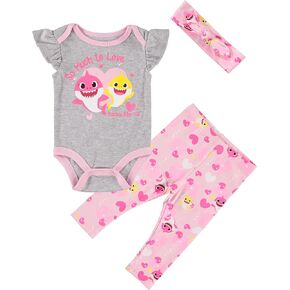Baby Shark Baby Girls One Piece Bodysuit Jogging Pants and Matching Headband 3 Piece Set in Saudi Arabia