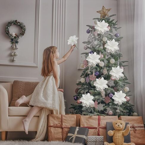 16 قطعة من زهور البونسيتة الاصطناعية من فيتاليلي مع مشابك وسيقان زينة عيد الميلاد اللامعة من البونسيتة لشجرة عيد الميلاد وزينة إكليل حفلات الشتاء (أبيض) in Saudi Arabia