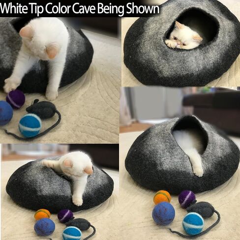 كهف القطط iPrimio 100% من الصوف الطبيعي الصديق للبيئة مقاس 40 سم - لباد مصنوع يدويًا على شكل ممتاز - يجعل بيت القطط المغطى رائعًا وسريرًا للقطط والقطط الصغيرة - لمخبأ داخلي مريح - سرير متوسط ​​الحجم ناعم بغطاء للرأس in Kuwait