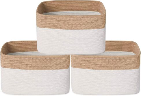 ANMINY 3 قطع من سلال تخزين الحبال القطنية المنسوجة مع مقابض، مجموعة سلة كبيرة قابلة للغسل، صناديق تخزين مزخرفة، صناديق تخزين للأطفال الرضع، بطانية ملابس، مناشف، حاويات تنظيم الغسيل - أبيض/بني in Kuwait