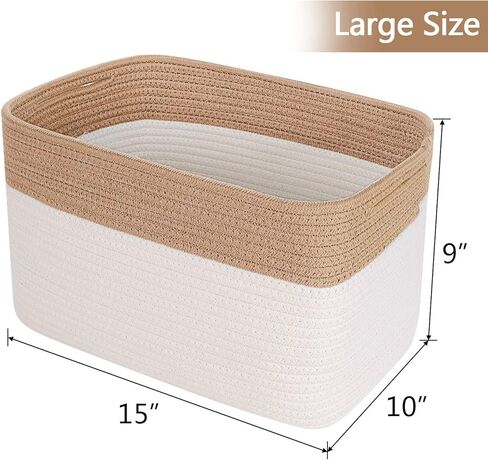 ANMINY 3 قطع من سلال تخزين الحبال القطنية المنسوجة مع مقابض، مجموعة سلة كبيرة قابلة للغسل، صناديق تخزين مزخرفة، صناديق تخزين للأطفال الرضع، بطانية ملابس، مناشف، حاويات تنظيم الغسيل - أبيض/بني in Kuwait