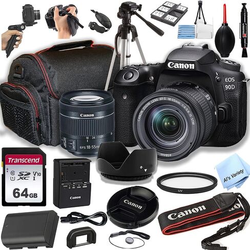 Canon EOS 90D DSLR Camera w/EF-S 18-55mm F/4-5.6 STM Zoom Lens + 64GB Memory Card, Case, Hood, Tripod, Grip-Pod, Filter, Professional Photo Bundle(24pc) in Saudi Arabia