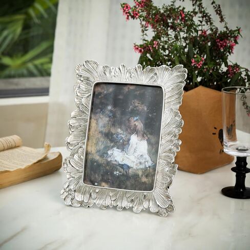 اطارات صور فضية مقاس 5×7 من موملكداي، اطار صور عتيق بلون ذهبي وردي على شكل ورقة شجر مع زجاج امامي عتيق للتعليق على الحائط على الطاولة (ورقة فضية - 5×7) in Kuwait