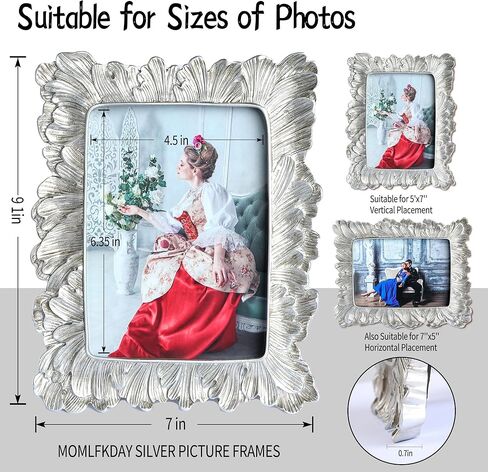 اطارات صور فضية مقاس 5×7 من موملكداي، اطار صور عتيق بلون ذهبي وردي على شكل ورقة شجر مع زجاج امامي عتيق للتعليق على الحائط على الطاولة (ورقة فضية - 5×7) in Kuwait