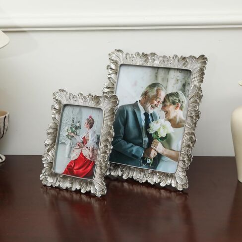 اطارات صور فضية مقاس 5×7 من موملكداي، اطار صور عتيق بلون ذهبي وردي على شكل ورقة شجر مع زجاج امامي عتيق للتعليق على الحائط على الطاولة (ورقة فضية - 5×7) in Kuwait