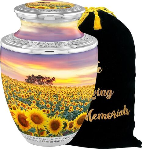 Flower Cremation Urns for Adult Ashes Male Female - Handcrafted Funeral Decorative Urns for Ashes Adult Male with Velvet Bag (Flourished Sunflower Fields No Medallion in Saudi Arabia