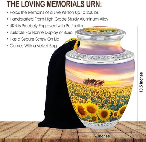 Flower Cremation Urns for Adult Ashes Male Female - Handcrafted Funeral Decorative Urns for Ashes Adult Male with Velvet Bag (Flourished Sunflower Fields No Medallion in Saudi Arabia