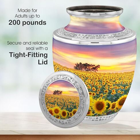 Flower Cremation Urns for Adult Ashes Male Female - Handcrafted Funeral Decorative Urns for Ashes Adult Male with Velvet Bag (Flourished Sunflower Fields No Medallion in Saudi Arabia