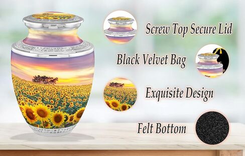 Flower Cremation Urns for Adult Ashes Male Female - Handcrafted Funeral Decorative Urns for Ashes Adult Male with Velvet Bag (Flourished Sunflower Fields No Medallion in Saudi Arabia