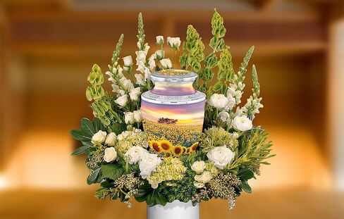 Flower Cremation Urns for Adult Ashes Male Female - Handcrafted Funeral Decorative Urns for Ashes Adult Male with Velvet Bag (Flourished Sunflower Fields No Medallion in Saudi Arabia