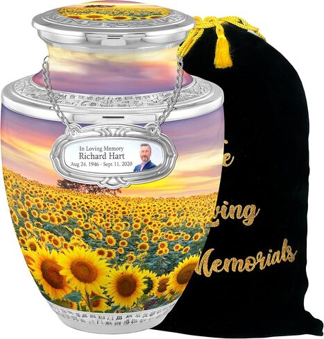 Flower Cremation Urns for Adult Ashes Male Female - Handcrafted Funeral Decorative Urns for Ashes Adult Male with Velvet Bag (Flourished Sunflower Fields No Medallion in Saudi Arabia