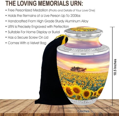 Flower Cremation Urns for Adult Ashes Male Female - Handcrafted Funeral Decorative Urns for Ashes Adult Male with Velvet Bag (Flourished Sunflower Fields No Medallion in Saudi Arabia