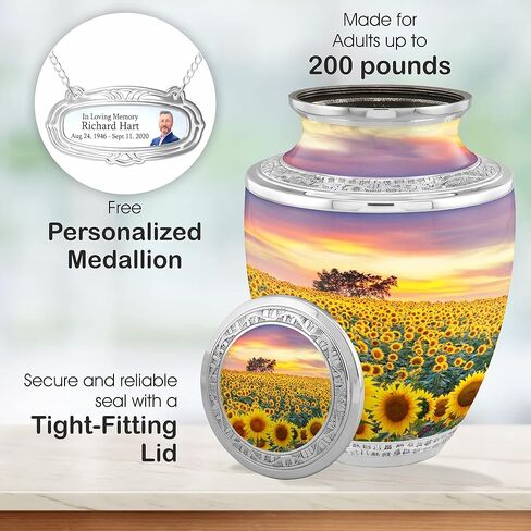 Flower Cremation Urns for Adult Ashes Male Female - Handcrafted Funeral Decorative Urns for Ashes Adult Male with Velvet Bag (Flourished Sunflower Fields No Medallion in Saudi Arabia