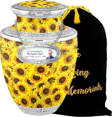 Flower Cremation Urns for Adult Ashes Male Female - Handcrafted Funeral Decorative Urns for Ashes Adult Male with Velvet Bag (Flourished Sunflower Fields No Medallion in Saudi Arabia