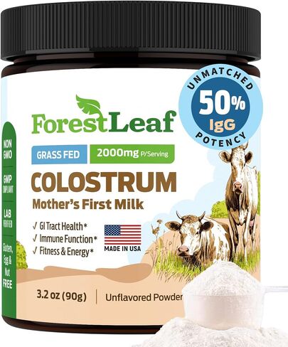 مسحوق اللبأ البقري عالي التركيز بنسبة 50% من ForestLeaf - مكمل اللبأ الذي يتغذى على العشب - صحة الأمعاء والمناعة - اللياقة البدنية والطاقة - اللبأ البقري للبشر (بدون نكهة، 45 حصة) in Kuwait