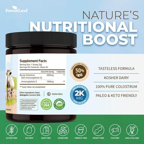 مسحوق اللبأ البقري عالي التركيز بنسبة 50% من ForestLeaf - مكمل اللبأ الذي يتغذى على العشب - صحة الأمعاء والمناعة - اللياقة البدنية والطاقة - اللبأ البقري للبشر (بدون نكهة، 45 حصة) in Kuwait