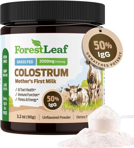 مسحوق اللبأ البقري عالي التركيز بنسبة 50% من ForestLeaf - مكمل اللبأ الذي يتغذى على العشب - صحة الأمعاء والمناعة - اللياقة البدنية والطاقة - اللبأ البقري للبشر (بدون نكهة، 45 حصة) in Kuwait