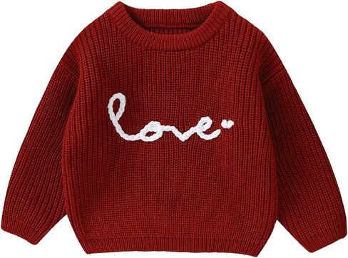 Toddler Baby Girl Valentines Day Outfit Love Heart Embroidery Knit Sweater Long Sleeve Shirts Valentines Day Gifts in Kuwait