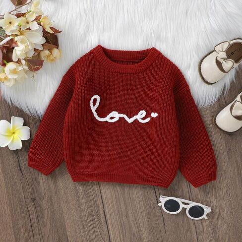 Toddler Baby Girl Valentines Day Outfit Love Heart Embroidery Knit Sweater Long Sleeve Shirts Valentines Day Gifts in Kuwait