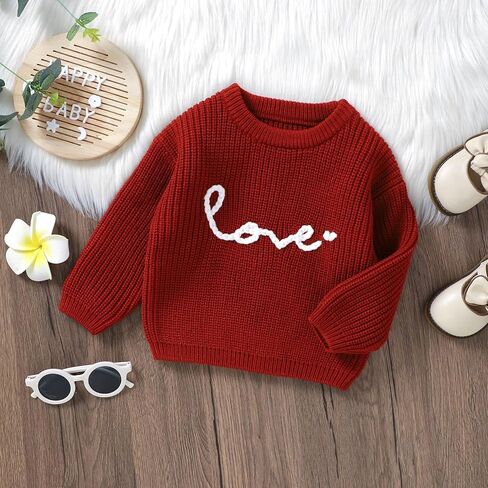 Toddler Baby Girl Valentines Day Outfit Love Heart Embroidery Knit Sweater Long Sleeve Shirts Valentines Day Gifts in Kuwait