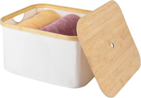 صندوق تخزين من أنميني مع غطاء من الخيزران قابل للإزالة ومقابض من القماش وصندوق سلة وغطاء قابل للتكديس وخزانة ورف مكعب وقابل للطي ومنظم للملابس والألعاب وحاوية غسيل - بيج، كبير in Kuwait