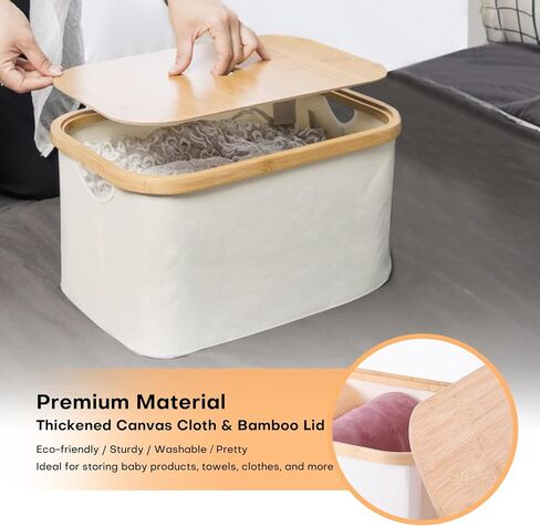 صندوق تخزين من أنميني مع غطاء من الخيزران قابل للإزالة ومقابض من القماش وصندوق سلة وغطاء قابل للتكديس وخزانة ورف مكعب وقابل للطي ومنظم للملابس والألعاب وحاوية غسيل - بيج، كبير in Kuwait
