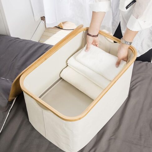 صندوق تخزين من أنميني مع غطاء من الخيزران قابل للإزالة ومقابض من القماش وصندوق سلة وغطاء قابل للتكديس وخزانة ورف مكعب وقابل للطي ومنظم للملابس والألعاب وحاوية غسيل - بيج، كبير in Kuwait