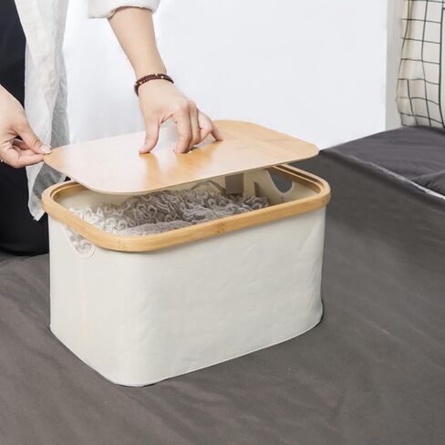 صندوق تخزين من أنميني مع غطاء من الخيزران قابل للإزالة ومقابض من القماش وصندوق سلة وغطاء قابل للتكديس وخزانة ورف مكعب وقابل للطي ومنظم للملابس والألعاب وحاوية غسيل - بيج، كبير in Kuwait