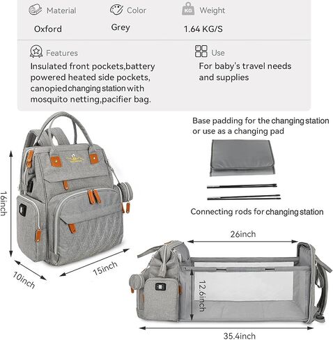 Giggle and Grow Warm-Me-Up Grey Diaper Bag with Temperature Regulated Side Pockets and Collapsible Netted Changing Station in Saudi Arabia