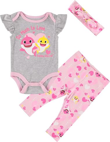 Baby Shark Baby Girls One Piece Bodysuit Jogging Pants and Matching Headband 3 Piece Set in Saudi Arabia