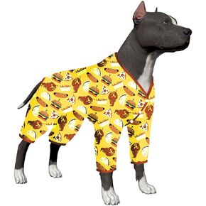 LovinPet Large Dogs PJS Onesies - Post Surgery Shirt Dog, UV Protection, Yellow Hamburger Print, Lightweight Pullover Pet Pajamas, Full Coverage Dog Pj, Big Dog Onesie,3XL