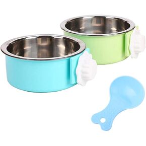 Crate Dog Bowl, Removable Stainless Steel Water Food Feeder Bowls Hanging Pet Cage Bowl Cage Coop Cup for Dogs Cats Puppy Rabbits Bird and Small Pets (Large (Pack of 2), Square (Blue+Green))