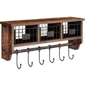 رف مثبت على الحائط من Rolanstar مع خطافات، رف منظم للمدخل مع سلة تخزين، رف معطف مثبت على الحائط مع 6 خطافات، رف معلق لغرفة المعيشة والحمام والمطبخ، بني ريفي in Kuwait