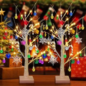 Liliful 2 Set 2 ft Christmas Lighted Tree and 36 Pcs Shiny Mini Christmas Ornament Display Tree, White Tabletop Tree 24 LED Warm White Lights Battery and USB Powered, Small Hanging Christmas Decor in Kuwait