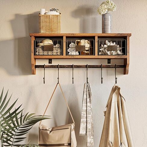 رف مثبت على الحائط من Rolanstar مع خطافات، رف منظم للمدخل مع سلة تخزين، رف معطف مثبت على الحائط مع 6 خطافات، رف معلق لغرفة المعيشة والحمام والمطبخ، بني ريفي in Kuwait