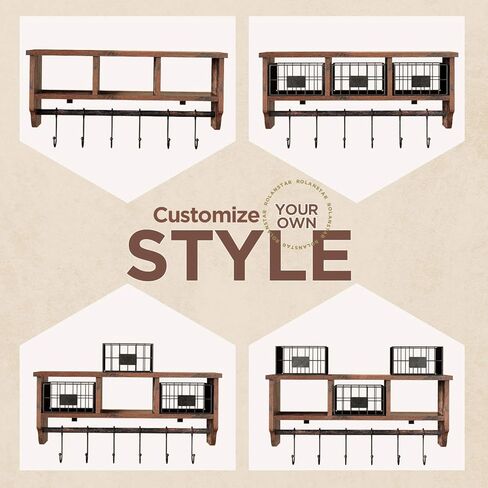 رف مثبت على الحائط من Rolanstar مع خطافات، رف منظم للمدخل مع سلة تخزين، رف معطف مثبت على الحائط مع 6 خطافات، رف معلق لغرفة المعيشة والحمام والمطبخ، بني ريفي in Kuwait