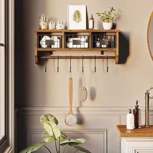 رف مثبت على الحائط من Rolanstar مع خطافات، رف منظم للمدخل مع سلة تخزين، رف معطف مثبت على الحائط مع 6 خطافات، رف معلق لغرفة المعيشة والحمام والمطبخ، بني ريفي in Kuwait