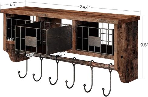 رف مثبت على الحائط من Rolanstar مع خطافات، رف منظم للمدخل مع سلة تخزين، رف معطف مثبت على الحائط مع 6 خطافات، رف معلق لغرفة المعيشة والحمام والمطبخ، بني ريفي in Kuwait