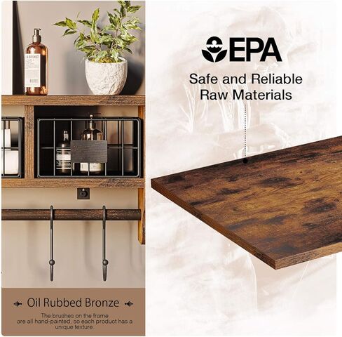 رف مثبت على الحائط من Rolanstar مع خطافات، رف منظم للمدخل مع سلة تخزين، رف معطف مثبت على الحائط مع 6 خطافات، رف معلق لغرفة المعيشة والحمام والمطبخ، بني ريفي in Kuwait