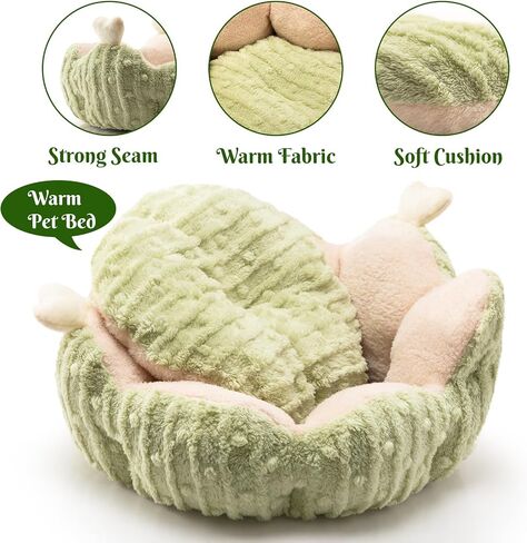 Hollypet Calming Cat Beds for Indoor Cats - Cute Cactus Pet Beds, Fluffy Puppy Bed, Non-Slip Extra Small Dog Bed, Green in Saudi Arabia