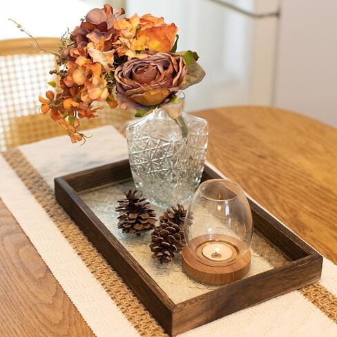 Vintage Wood Serving Tray, Rustic Farmhouse Serving Tray with Wooden Frame and Textured Glass Base, Rectangular Ottoman Tray, Decorative Tray for Coffee Table, Countertop, Dining Table, 12.6" x 7.9" in Kuwait