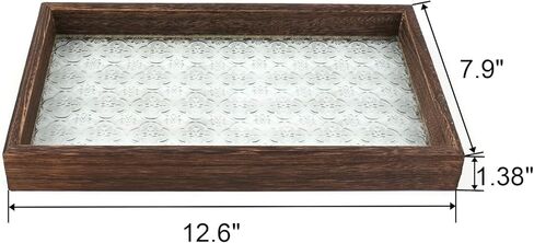 Vintage Wood Serving Tray, Rustic Farmhouse Serving Tray with Wooden Frame and Textured Glass Base, Rectangular Ottoman Tray, Decorative Tray for Coffee Table, Countertop, Dining Table, 12.6" x 7.9" in Kuwait