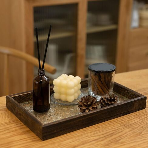 Vintage Wood Serving Tray, Rustic Farmhouse Serving Tray with Wooden Frame and Textured Glass Base, Rectangular Ottoman Tray, Decorative Tray for Coffee Table, Countertop, Dining Table, 12.6" x 7.9" in Kuwait