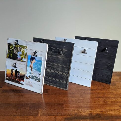 الحد الأدنى | لوحة عرض الصور Shiplap - إطار صورة مع مشابك لـ 3 صور (ثلاثة مقاس 4x6 أو اثنتان مقاس 4x6 مع واحدة مقاس 5x7)، مجموعة صور سهلة التغيير السريع، يمكن تعليقها على الحائط أو الوقوف على سطح الطاولة (أسود ريفي) in Kuwait
