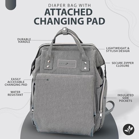 حقيبة حفاضات AWH Dept مع وسادة تغيير - حقيبة ظهر كبيرة لحفاضات السفر لجميع مستلزمات الأطفال والحفاضات - حقيبة ظهر مقاومة للماء مع وسادة تغيير محمولة (رمادي) in Kuwait